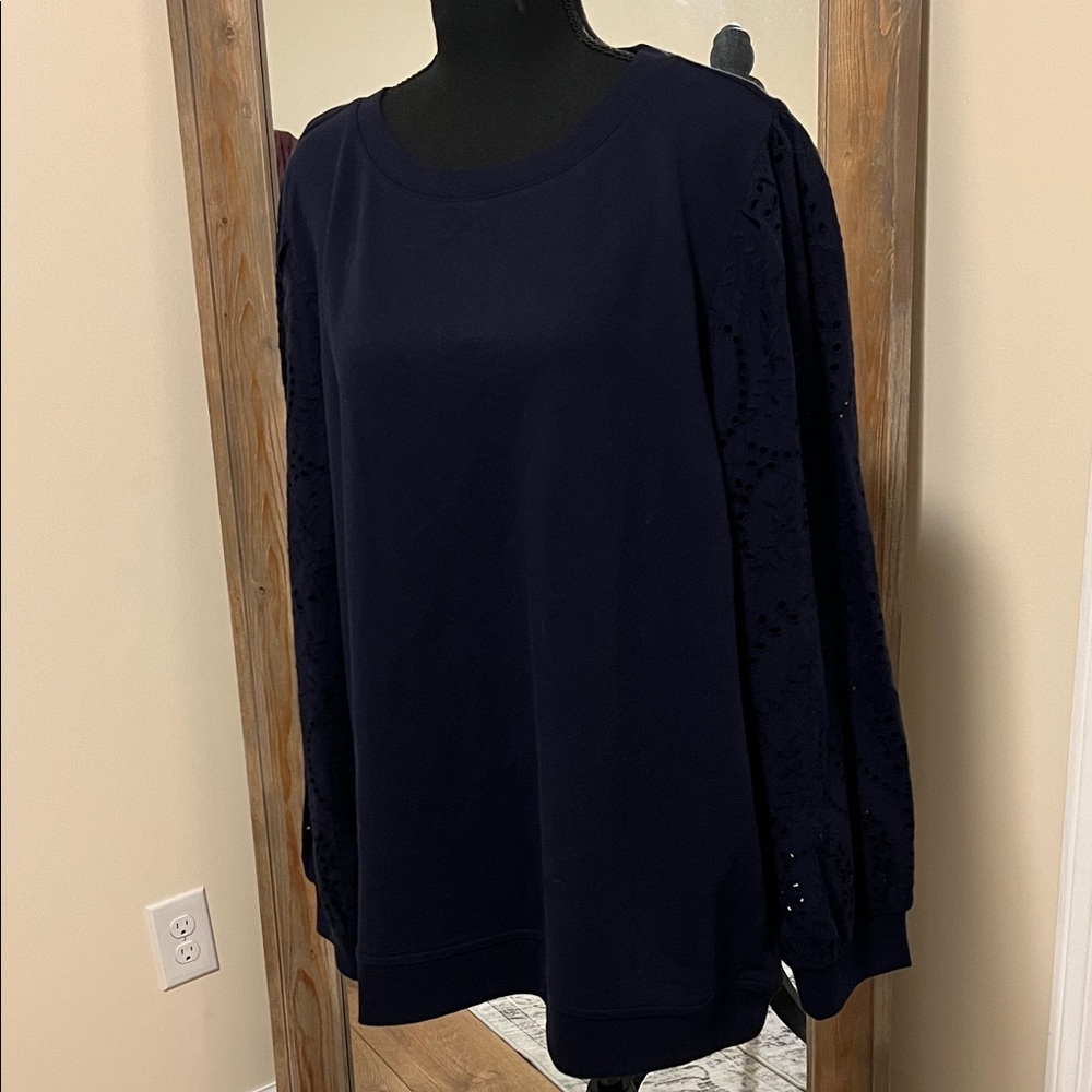 Talbots Navy Sweatshirt with Lace Sleeves